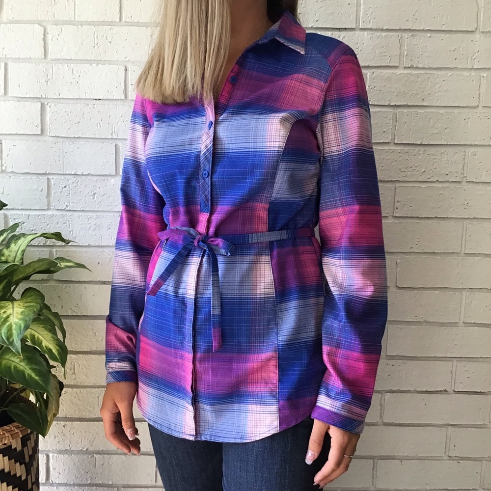 Columbia Omni Wick Button Down Long Sleeve Shirt Blue/Pink Plaid